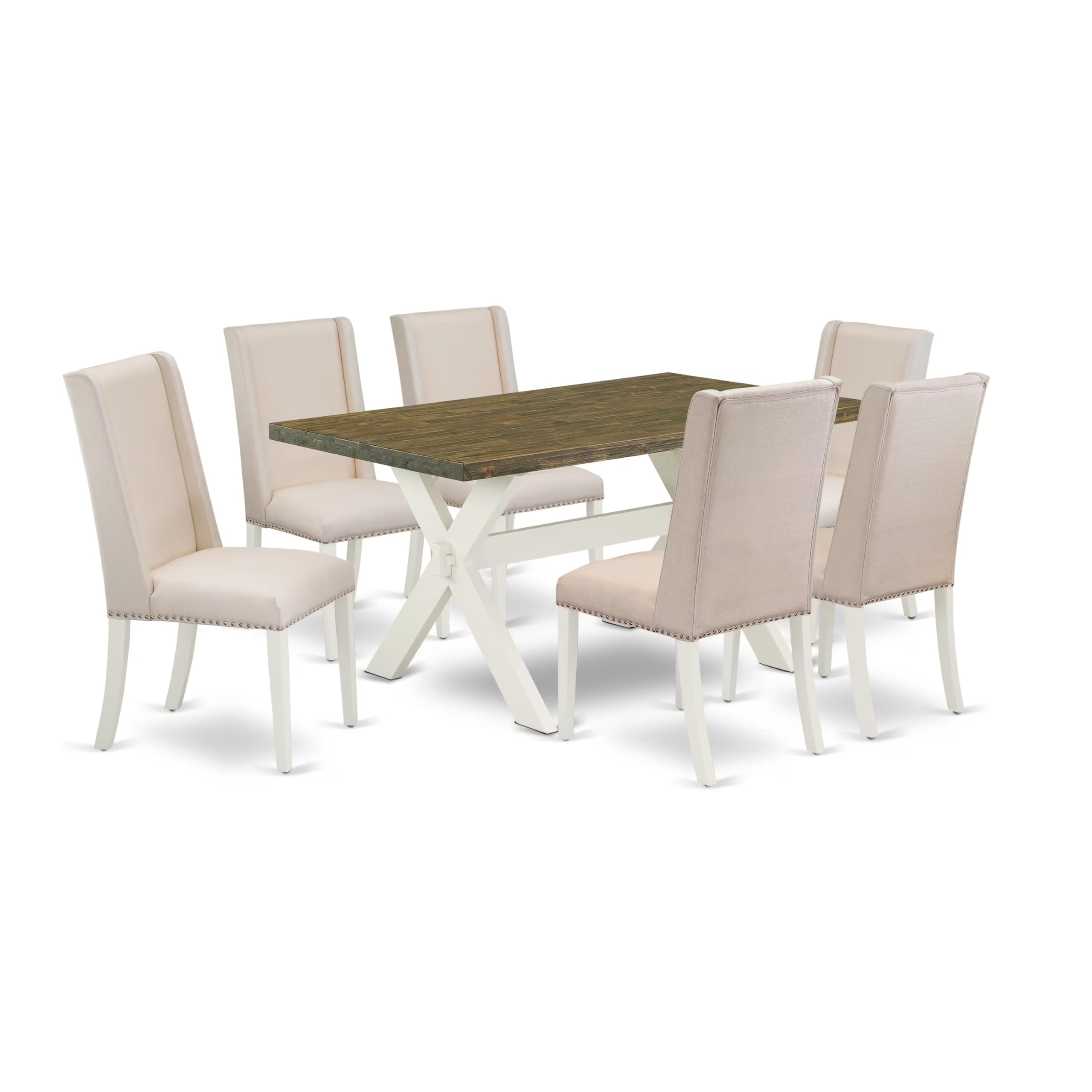 East West Furniture X076Fl201-7 7 Piece Kitchen Table & Chairs Set Consist Of A Rectangle Dining Room Table With X-Legs And 6 Cream Linen Fabric Parson Chairs, 36X60 Inch, Multi-Color